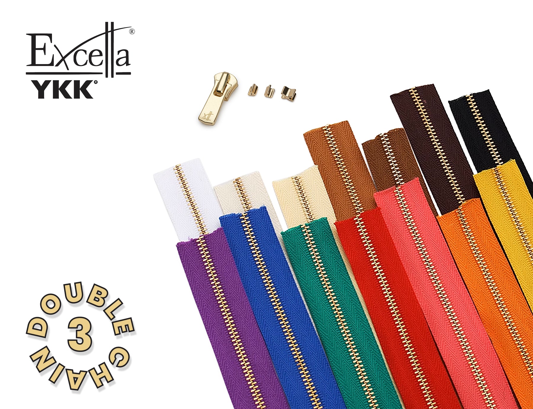YKK 🇯🇵 - Excella Zippers - Size #3 - Double Chain (Brass) - 30 inches